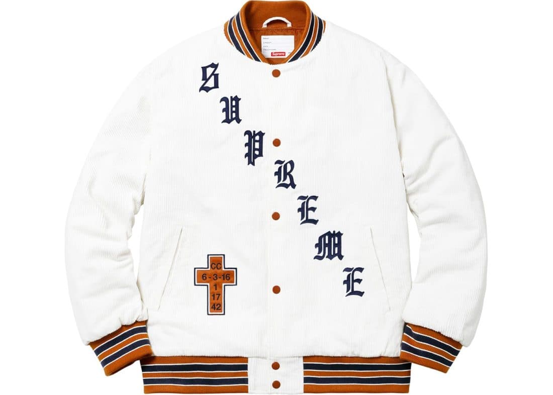 Supreme Old English Corduroy Varsity Jacket White Spring