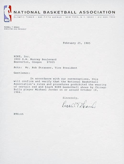 Banned Jordans letter from NBA to Nike