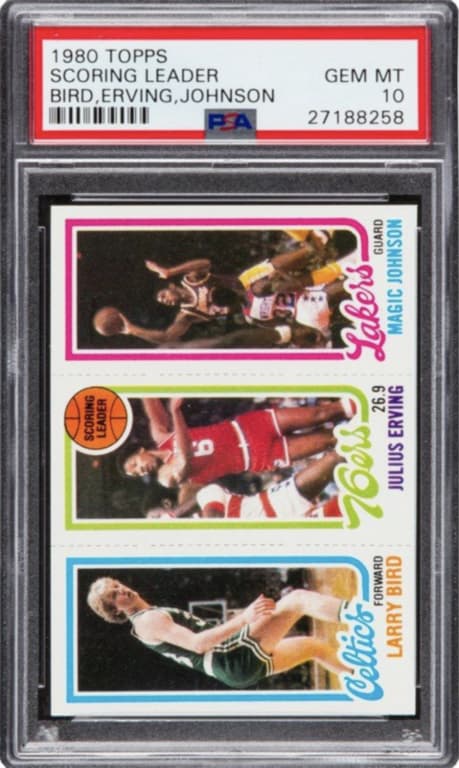 The Larry Bird/Julius Erving/Magic Johnson 1980 Topps Scoring Leader PSA 10 features two key players in The Last Dance