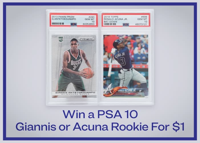 Game Time ReStockX, Win the Giannis Prizm Rookie or Acuna Bat Down PSA 10 for $1